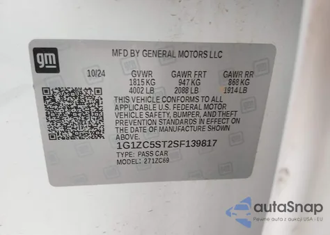 2025 Chevrolet Malibu Fwd 1Fl z USA, uszkodzony, nr VIN 1G1ZC5ST2SF139817